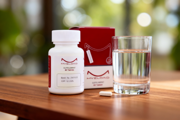 قرص میلواید کنار لیوان آب برای بررسی اثرات آن بر وزن